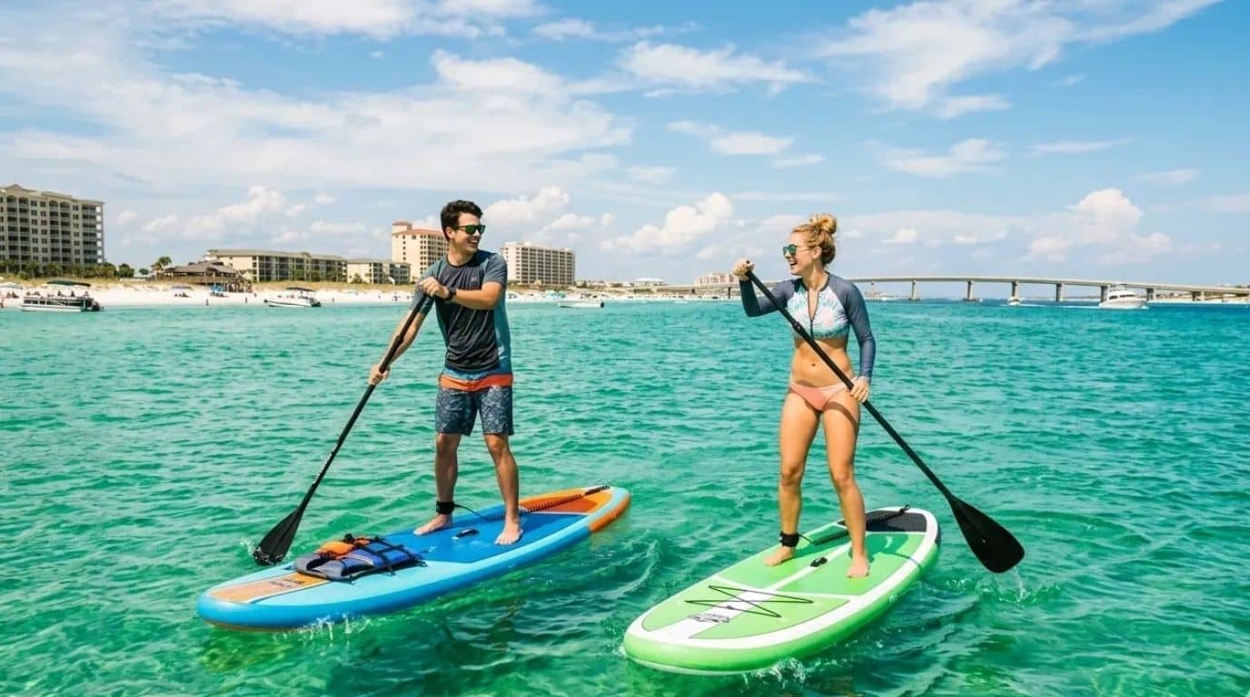 Two paddleboarders on turquoise water near the Destin bridge skyline