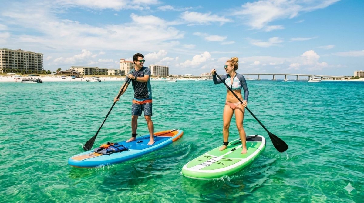 Two people paddleboarding on turquoise water near the Destin bridge skyline